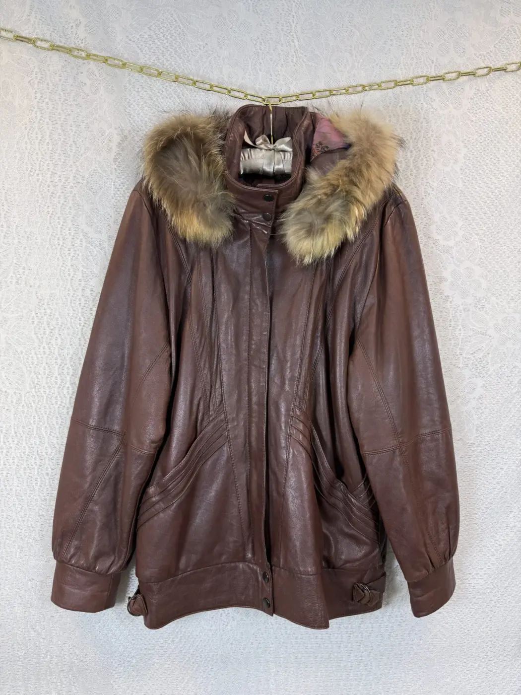 JUNOTEX Brown Leather Jacket With Furry Hood