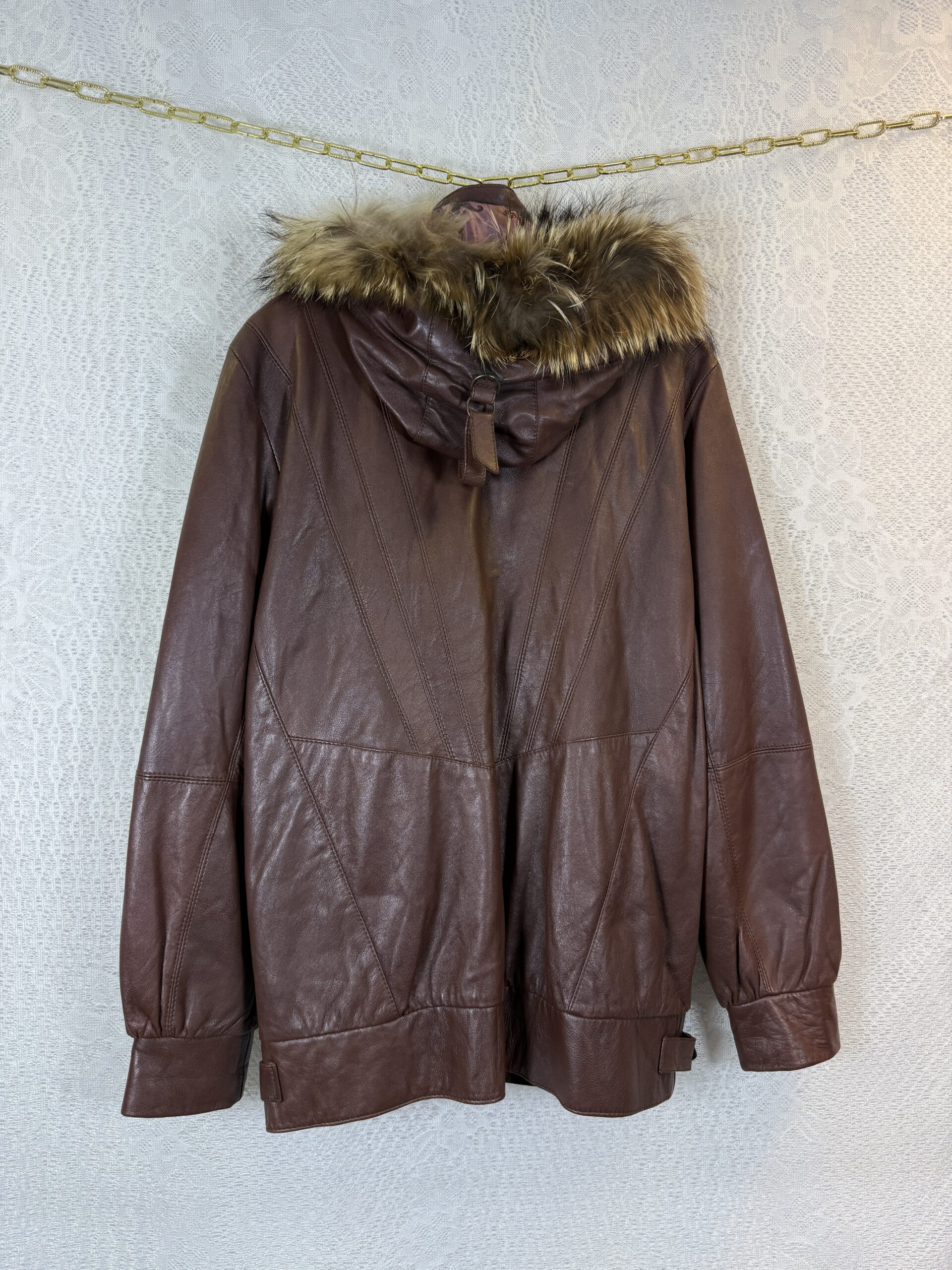 JUNOTEX Brown Leather Jacket With Furry Hood